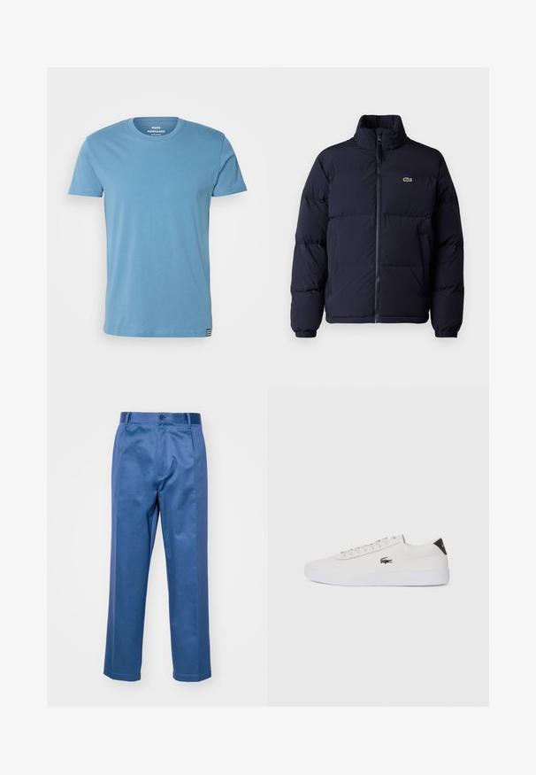 Temno modra puffer jakna z visokim ovratnikom, zadrgo in elastičnimi manšetami. Ima majhen zelen logotip na zgornjem levem prsnem delu.; Mads Nørgaard THOR TEE - Navadna majica - captain`s blue; Modre hlače iz gladkega blaga, s pravo krojem, zapiranjem na gumb in diskretnimi šivi.; Bela usnjena tenisa s okroglo sapo, vezavi na sprednji strani in črnim poudarkom na peti. Ima majhen izšit kroko logo na strani.