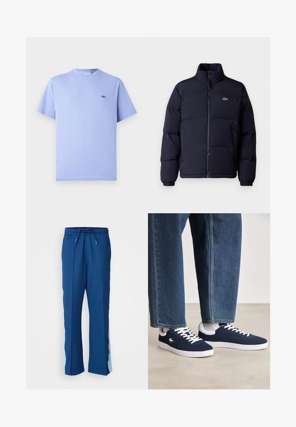 Sötétkék steppelt kabát magas gallérral, cipzáros záródással és elasztikus mandzsettákkal. A bal felső mellrészen egy kis zöld logó található.; Világoskék pamut póló kerek nyakkal és rövid ujjakkal. A mellkasán egy kis hímzett zöld aligátor logó található.; Sötétkék sportnadrág puha anyagból, húzózsinórral ellátott derékrésszel és világoskék oldalsó panelekkel, finom mintázattal.; Kék vászon sportcipők fehér fűzőkkel és gumis talppal, farmernadrággal és szürke bordás zoknikkal együtt bemutatva, világosszürke felületen.