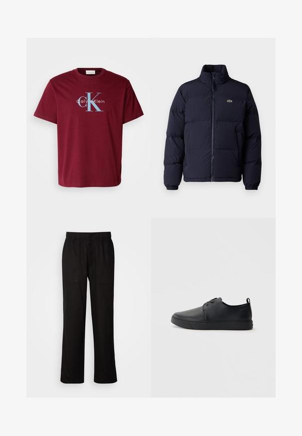 Navy blue puffer jacket with a high collar, zip closure, and elastic cuffs. Features a small green logo on the upper left chest.; Burgundy cotton T-shirt featuring a large white and blue "CK" logo with "Calvin Klein" text, standard fit, short sleeves, and crew neckline.; Black pants with a relaxed fit, made from lightweight fabric. Features an elastic waistband, button closure, and two front pockets.; Black leather sneaker with a smooth finish, rounded toe, tonal stitching, lace-up front, and a flat rubber sole. Loop at the heel.
