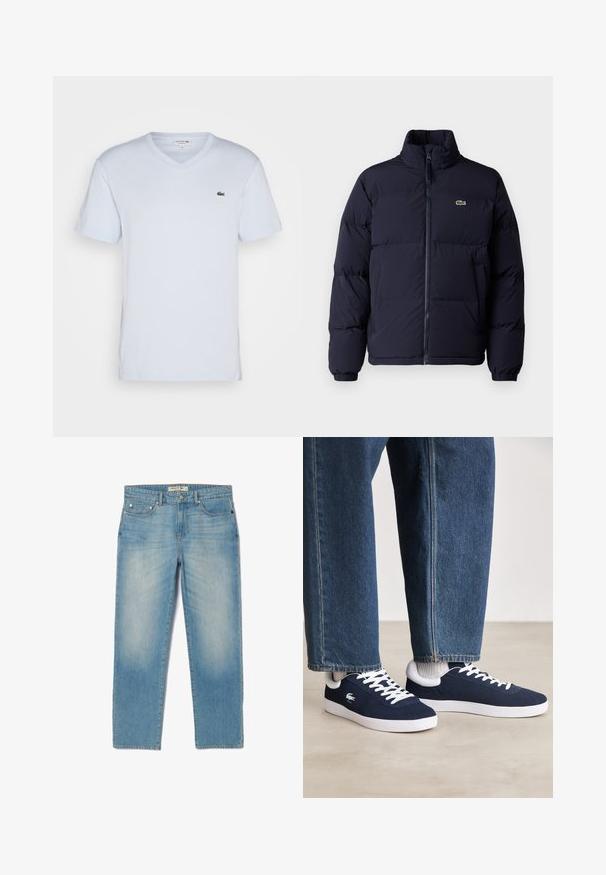 Navy blue puffer jacket with a high collar, zip closure, and elastic cuffs. Features a small green logo on the upper left chest.; Lacoste Basic T-shirt - bleu clair; Light blue denim jeans with a straight-leg design, five pockets, and a slightly faded wash. Features silver hardware and a branded waistband tag.; Blue canvas sneakers with white laces and rubber soles, displayed with denim trousers and grey ribbed socks, on a light grey surface.