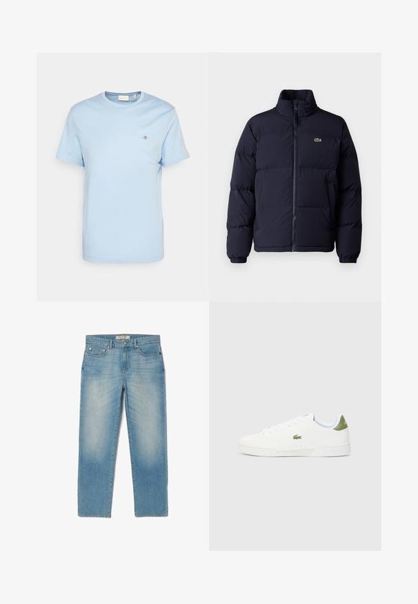 Navyblauwe pufferjack met een hoge kraag, ritssluiting en elastische manchetten. Heeft een klein groen logo op de linker bovenborst.; Lichtblauw katoen T-shirt met ronde hals, korte mouwen en een klein geborduurd logo op de borst. Heren, standaard pasvorm.; Lichtblauwe denim jeans met een recht gesneden ontwerp, vijf zakken en een licht vervaagde wassing. Voorzien van zilverkleurige hardware en een merklabel op de tailleband.; Witte sneakers met een gladde textuur, voorzien van een groene accent bij de hiel en een klein geborduurd krokodillenlogo aan de zijkant.