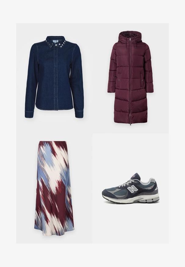 Burgundy vadderad lång kappa med huva, som har en frontdragkedja, sidofickor och quiltade sektioner för isolering. Slät textur.; Mörkblå denimskjorta med långa ärmar, spetsig krage och dekorativa silvernitar på kragen. Har en knäppning fram och rak fåll.; Lång kjol med ett diagonalt tie-dye-mönster i burgundy, blått och krämfärgat, tillverkad av mjukt material med en flödande siluett och lätt glans.; New Balance-sneakers med överdel i marinblått mesh och mocka, grå accenter, vit logotyp, dämpad sula och texturerad detalj.
