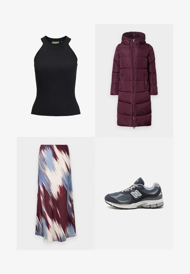 Bordowy pikowany długi płaszcz z kapturem, z zamkiem błyskawicznym z przodu, kieszeniami bocznymi oraz pikowanymi sekcjami dla lepszej izolacji. Gładka faktura.; Czarny prążkowany top na ramiączkach z wysokim dekoltem i bez rękawów. Posiada dopasowany krój i elastyczny materiał. Zielona metka marki wewnątrz.; Długa spódnica z skośnym wzorem tie-dye w kolorach burgundowym, niebieskim i kremowym, wykonana z miękkiego materiału o płynnej sylwetce i delikatnym połysku.; Sneakers New Balance z górną częścią z siateczki i zamszu w kolorze granatowym, szarymi akcentami, białym logo, amortyzowaną podeszwą oraz z fakturowymi detalami.