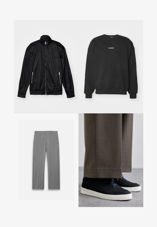 Juodas užtrauktuku uždaromas švarkas iš lengvos, blizgios medžiagos. Yra dvi užtrauktuku uždaromos kišenės, pakeltas apykaklė ir elastiniai rankogaliai bei hem.; Juodas džemperis, pagamintas iš minkštos medžiagos, su apvalia iškirpte ir ilgomis rankovėmis. Mažas baltas logotipo užrašas ant krūtinės. Paprastas, be dekoracijų dizainas.; Pilkos pritaikytos kelnės su tekstūriniais paviršiais. Su priekiniu užtrauktuku, šoninėmis kišenėmis ir sidabriniais akcentais. Tiesus kojų dizainas.; Juodi zomšiniai sportbačiai su baltais guminiais padais, su apvalia nosimi ir raišteliais, dėvimi su pilkais pritaikytais kelnais.