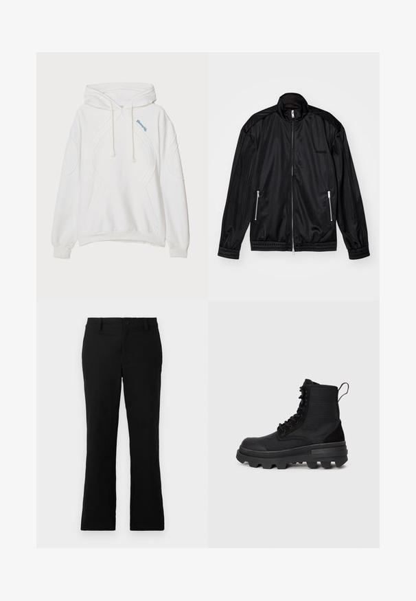 Črna jakna z zadrgo spredaj, izdelana iz lahkotnega, sijočega materiala. Ima dva žepa z zadrgo, ovratnik, ki stoji pokončno, ter elastične manžete in rob.; Bela kapuca z teksturiranim dizajnom, ki ima sprednji žep, kapuco s vrvico in svetlo modre poudarke pri šivu na prsih.; Črne široke hlače iz mešanice bombaža, opremljene z gumbom za zapiranje, zanko za pas in gladko teksturo brez vidnih vzorcev.; Črne gležnjarje z zgornjim delom iz teksturirane tkanine, gumijastim podplatom in izrazitimi lugs. Lastnosti vključujejo ojačane luknje za vezalke in zanko za potegniti.