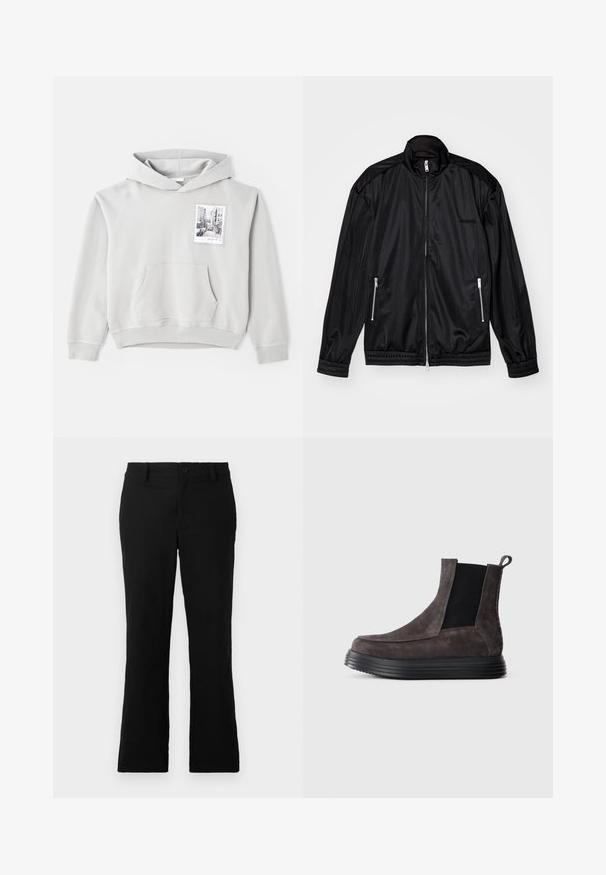 Schwarze Jacke mit Reißverschluss aus leichtem, glänzendem Stoff. Verfügt über zwei Reißverschlusstaschen, einen Stehkragen sowie elastische Bündchen und Saum.; Hellgrauer Hoodie aus weichem Material mit einer großen Fronttasche und Kordelzugkapuze. Mit einem kleinen Fotodruck im Bereich der linken Brust.; Schwarze, weit geschnittene Hosen aus einem Baumwollgemisch, mit einem Knopfverschluss, Gürtelschlaufen und einer glatten Textur ohne sichtbare Muster.; Dunkelgrauer Wildleder-Stiefelette mit schwarzem elastischem Seitenpaneel und dicker gerillter schwarzer Sohle, auf einem weißen Hintergrund fotografiert.
