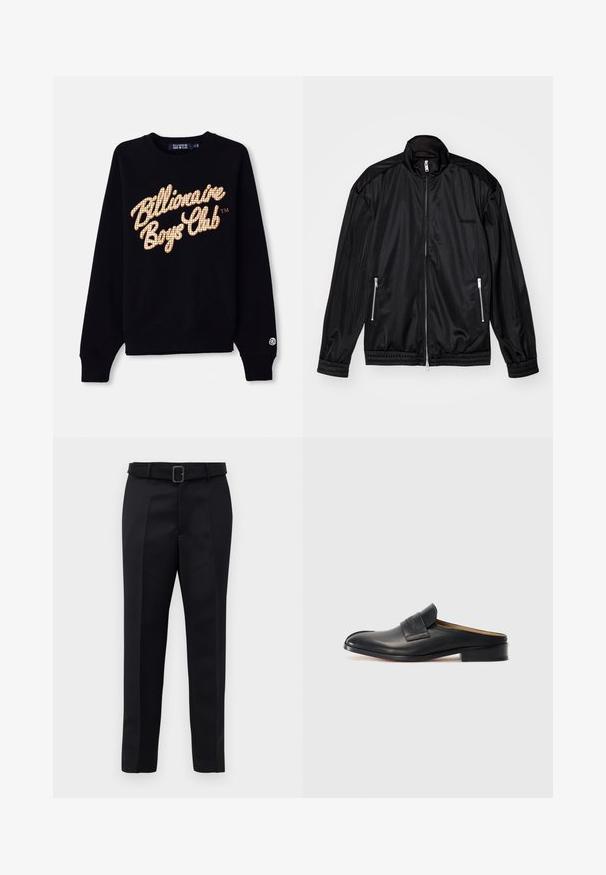 Czarna kurtka na zamek z lekkiego, błyszczącego materiału. Posiada dwie kieszenie na zamek, kołnierz typu stójka oraz elastyczne mankiety i dół.; Czarna bluza z dużym, kratkowanym, złotym i białym logiem "Billionaire Boys Club" z przodu, z prążkowanymi mankietami i hemem.; Czarne dopasowane spodnie charakteryzują się gładkim materiałem, prostym krojem oraz paskiem w talii z prostokątną klamrą. Wyróżniające się przednie pliski podkreślają design.; Czarne skórzane buty wsuwane z okrągłym noskiem, niskim obcasem blokowym i przednim paskiem. Gładka faktura z subtelnym logo na pasku.
