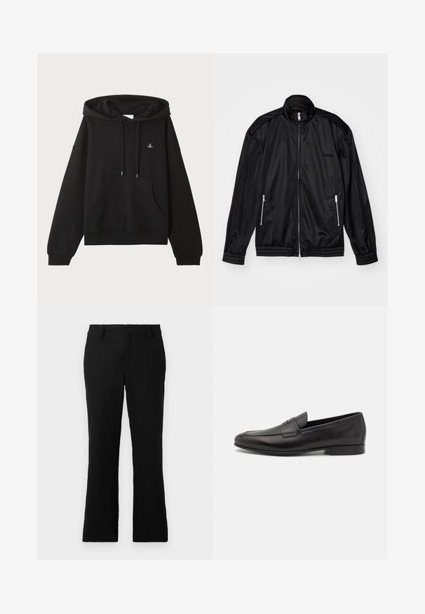 Casaco preto com fecho à frente em tecido leve e brilhante. Apresenta dois bolsos com fecho, gola alta e punhos e bainha elásticos.; Sweatshirt preto feito de um tecido macio, com um bolso canguru, capuz com cordão e um pequeno design bordado no peito.; Calças flare pretas feitas de um tecido de algodão misto, com fecho de botão, passantes para cinto e uma textura suave sem padrões visíveis.; Sapatilha masculina em couro preto, com salto baixo e um design clássico com tira de moeda, apresentada em perfil lateral sobre um fundo branco.