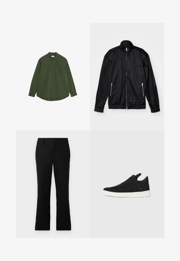 Fekete, cipzáros elülső dzseki könnyű, fényes anyagból. Két cipzáras zsebbe, álló gallérba, valamint elasztikus mandzsettákba és alsó szegélybe illeszkedik.; Hosszúujjú póló sötétzöld és tengerészsávos függőleges csíkokkal, gombos gallérral, bal oldali zsebbel és ívelt alsó résszel.; Fekete, harang fazonú nadrág, pamut keverékből készült, gombos záródással, övhurkokkal és sima textúrával, látható minták nélkül.; Fekete nubuk sportcipő fehér gumitalppal, tónusos varrással és fűzős kialakítással. Simák a textúrája, modern, letisztult formával rendelkezik.