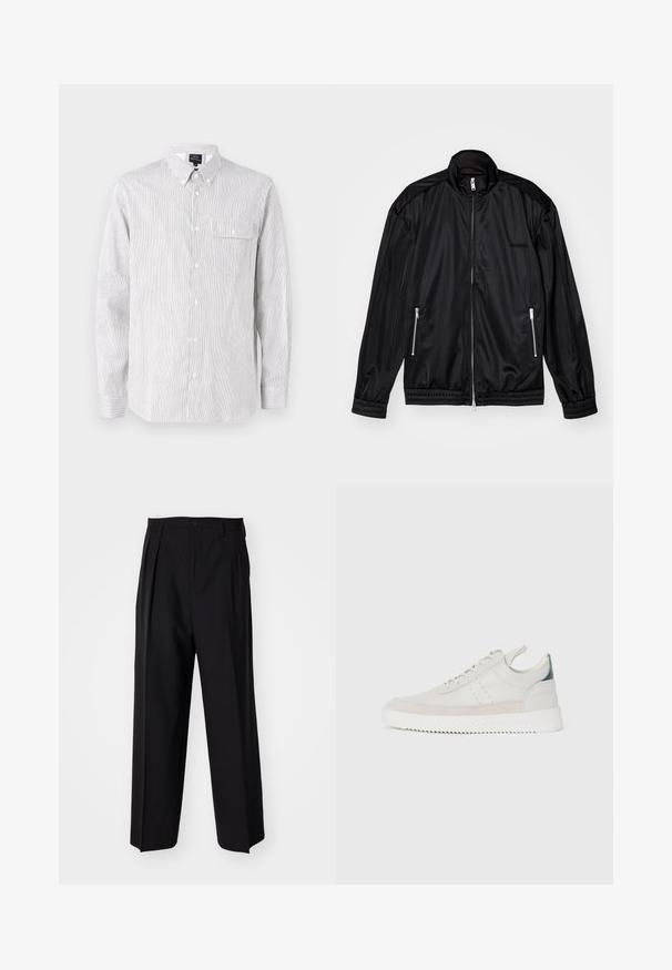 Schwarze Jacke mit Reißverschluss aus leichtem, glänzendem Stoff. Verfügt über zwei Reißverschlusstaschen, einen Stehkragen sowie elastische Bündchen und Saum.; Gestreiftes Button-Down-Hemd in Weiß und Marineblau, aus leichtem Stoff. Verfügt über einen Kragen, lange Ärmel und eine Brusttasche.; Schwarze, plissierte Hose mit geradem, weitem Bein. Hergestellt aus glattem Stoff, mit Knopfverschluss und Gürtelschlaufen.; Weiße Leder-Sneaker mit grauen Wildleder-Akzenten, Schnürdesign, Zuglasche und strukturiertem Gummisohle mit Zickzackmuster.