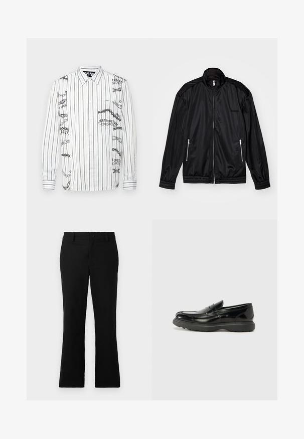 Fekete, cipzáros elülső dzseki könnyű, fényes anyagból. Két cipzáras zsebbe, álló gallérba, valamint elasztikus mandzsettákba és alsó szegélybe illeszkedik.; Fehér hosszú ujjú ing fekete függőleges csíkokkal, grafikus nyomatokkal és szöveggel a bal oldalon, valamint egy mellzsebbel.; Fekete, harang fazonú nadrág, pamut keverékből készült, gombos záródással, övhurkokkal és sima textúrával, látható minták nélkül.; Fekete bőr loafer, fényes felülettel, kerek orral, diszkrét varrási részletekkel és vastag gumitalppal a tartósság érdekében.