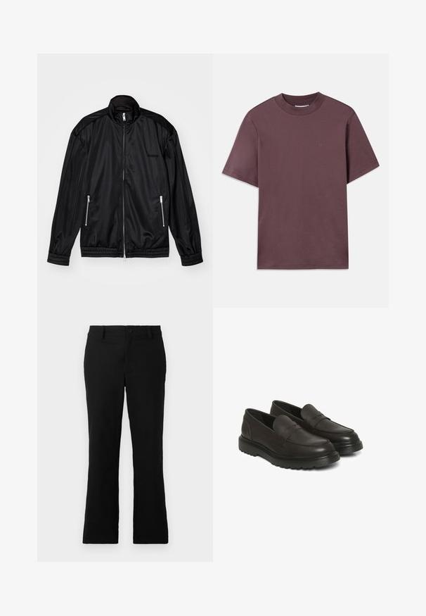 Crna jakna s patentnim zatvaračem od lagane, sjajne tkanine. Ima dva patentna džepa, stojeći ovratnik, te elastične rukave i donji rub.; Majica kratkih rukava, okruglog izreza u tamnom mauveu, izrađena od mekog pamuka. Ima minimalno brendiranje u boji koja odgovara na prednjoj strani.; Crne trapezaste hlače od mješavine pamuka, sa kopčanjem na dugme, petljama za pojas i glatkom teksturom bez vidljivih uzoraka.; Smeđe kožne cipele bez pertli sa glatkom završnom obradom, podstavljenim okovratnikom i teksturiranim dizajnom. Imaju crnu gumenu đon s uzorkom utora.