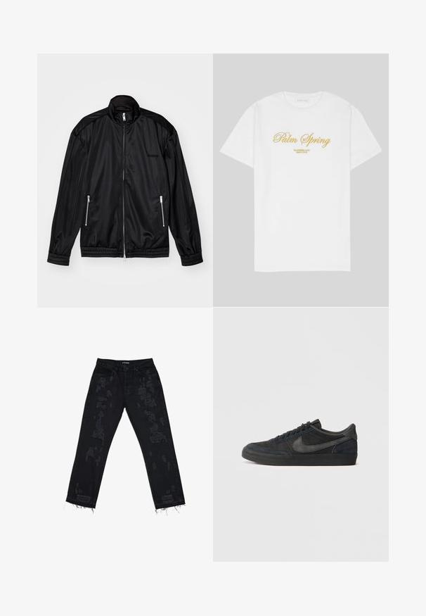 Crna jakna s patentnim zatvaračem od lagane, sjajne tkanine. Ima dva patentna džepa, stojeći ovratnik, te elastične rukave i donji rub.; Bijela pamučna majica s zlatnim tekstom koji glasi "Palm Spring" s natpisom "California Love Eighty Five" ispod, opuštenog kroja, s okruglim izrezom.; Crne traperice s poderotima, opuštenog kroja, s razderanim rubom i standardnim dizajnom s pet džepova. Tkanina izgleda izdržljivo i teksturirano.; Crne antilop tenisice s niskim profilom, gumeni potplat, teksturirani bočni paneli i tonirana Nike swoosh oznaka. Upitne na prednjem dijelu, podstavljen ovratnik.