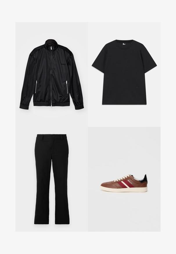 Zwarte ritsjas met een lichtgewicht, glanzende stof. Voorzien van twee ritszakken, een staande kraag en elastische boorden en zoom.; Zwart kortebril T-shirt van katoen, met een ronde hals en een klein logo detail near de zoom. Gladde textuur, normale pasvorm.; Zwarte uitlopende broek van een katoenmix, voorzien van een knoopsluiting, riemlussen en een gladde textuur zonder zichtbare patronen.; Bruine leren sneaker met witte en bordeauxrode strepen, beige veters en een zwarte hakaccent. Bevat een rubberen zool en een gladde textuur.
