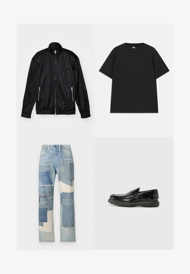 Juodas užtrauktuku uždaromas švarkas iš lengvos, blizgios medžiagos. Yra dvi užtrauktuku uždaromos kišenės, pakeltas apykaklė ir elastiniai rankogaliai bei hem.; Juoda trumpomis rankovėmis marškinėliai iš medvilnės, su apvalia iškirpte ir mažo logo detale šalia apatinės siūlės. Lygus paviršius, standartinė silueto forma.; Pale blue džinsai su aplikacijų dizainu, apimančiu įvairių atspalvių mėlyną, netaisyklingomis formomis ir nusidėvėjusiais kraštais, sukuriantys tekstūrinį kontrastą.; Juodas odinis loaferis su blizgiu paviršiumi, apvaliu pirštu, subtiliais siūlių detalėmis ir storu guminio pado, užtikrinančio ilgaamžiškumą.
