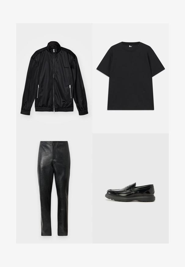 Črna jakna z zadrgo spredaj, izdelana iz lahkotnega, sijočega materiala. Ima dva žepa z zadrgo, ovratnik, ki stoji pokončno, ter elastične manžete in rob.; Črn kratkosleeven majica iz bombaža, z okroglim izrezom in majhnim logotipom pri robu. Gladka tekstura, običajen kroj.; Črne hlače iz umetnega usnja z rahlim vzorcem krokodila, ravne noge, visoki pas, prikazane na enobarvni beli podlagi.; Črne usnjene loafer čevlje z sijajno obdelavo, okroglo špico, subtilnimi šivi in debelim gumijastim podplatom za trajnost.