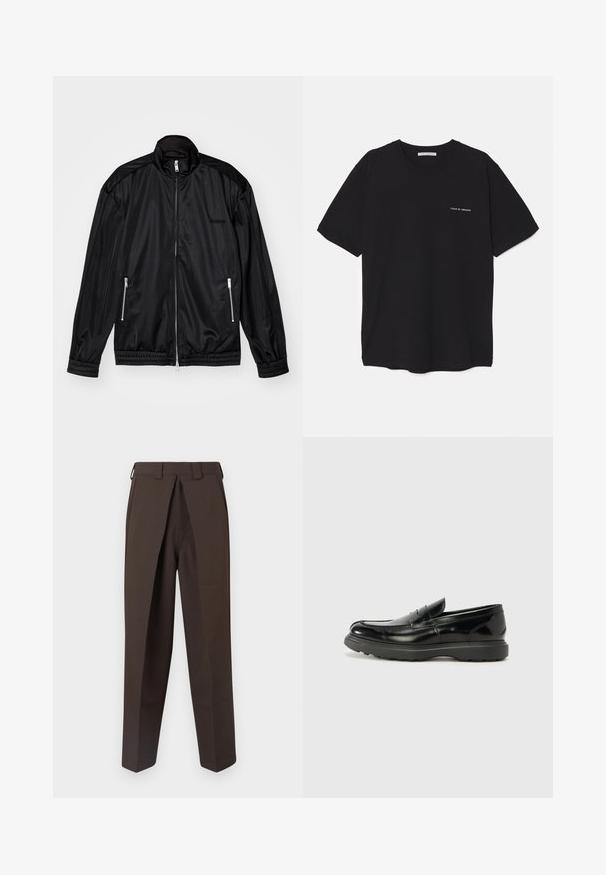Črna jakna z zadrgo spredaj, izdelana iz lahkotnega, sijočega materiala. Ima dva žepa z zadrgo, ovratnik, ki stoji pokončno, ter elastične manžete in rob.; Črna bombažna majica s kratkimi rokavi in okroglim ovratnikom, z belim logotipom natisnjenim na levi prsni strani. Preprost, enobarven dizajn.; BLUEMARBLE WORK PANT - Hlače - brown; Črne usnjene loafer čevlje z sijajno obdelavo, okroglo špico, subtilnimi šivi in debelim gumijastim podplatom za trajnost.