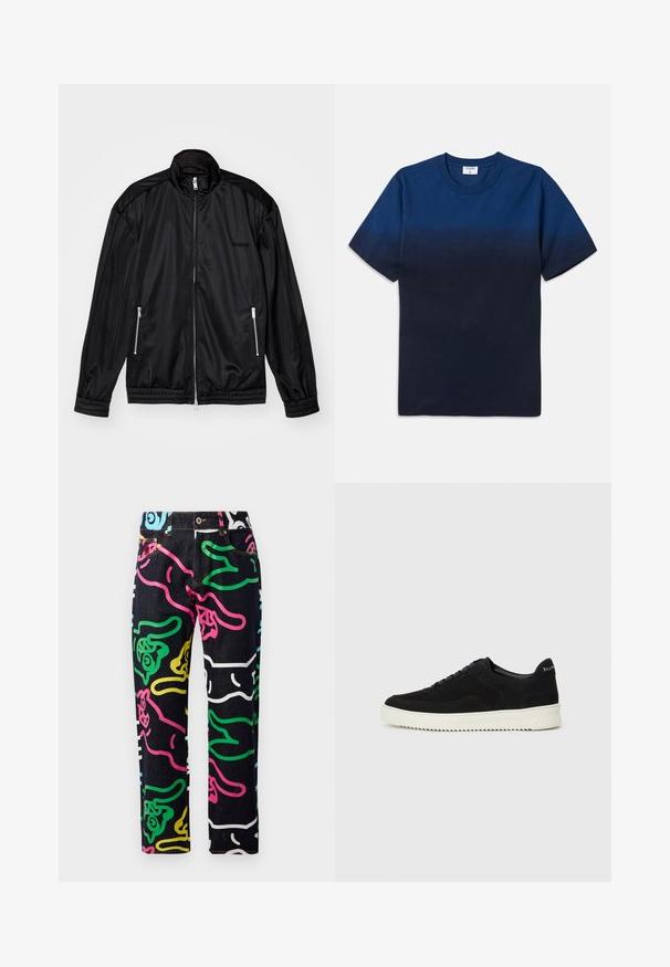Black zip-front jacket in lightweight, glossy fabric. Features two zippered pockets, a stand-up collar, and elastic cuffs and hem.; Navy blue cotton t-shirt with a round neck, short sleeves, and a subtle gradient design transitioning from lighter to darker shades.; Denim jeans featuring a black base with colorful abstract patterns in pink, green, blue, yellow, and white. Standard five-pocket design.; Black suede sneaker with lace-up design and contrasting white rubber sole. Features textured side panels and subtle branding on the heel.