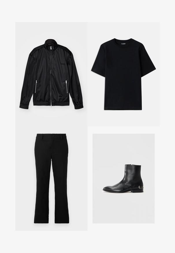 Musta vetoketjullinen takki kevyestä, kiiltävästä kankaasta. Varustettu kahdella vetoketjullisella taskulla, pystykauluksella sekä elastisilla hihansuilla ja helmalla.; Musta puuvillapaita, jossa on pyöreä kaula-aukko ja lyhyet hihat. Vasen rintatasku on koristeltu hillityllä logopistolla. Tasainen ja sileä pinta.; Mustat levenevät housut, jotka on valmistettu puuvillasekoitekankaasta. Housuissa on nappikiinnitys, vyölenkit ja sileä rakenne ilman näkyviä kuvioita.; Mustat nahka nilkkurit, joissa on terävä kärki, teksturoitu sivuosa, matala korko ja pieni koristeellinen hopeinen käärmeakcentti kannassa.