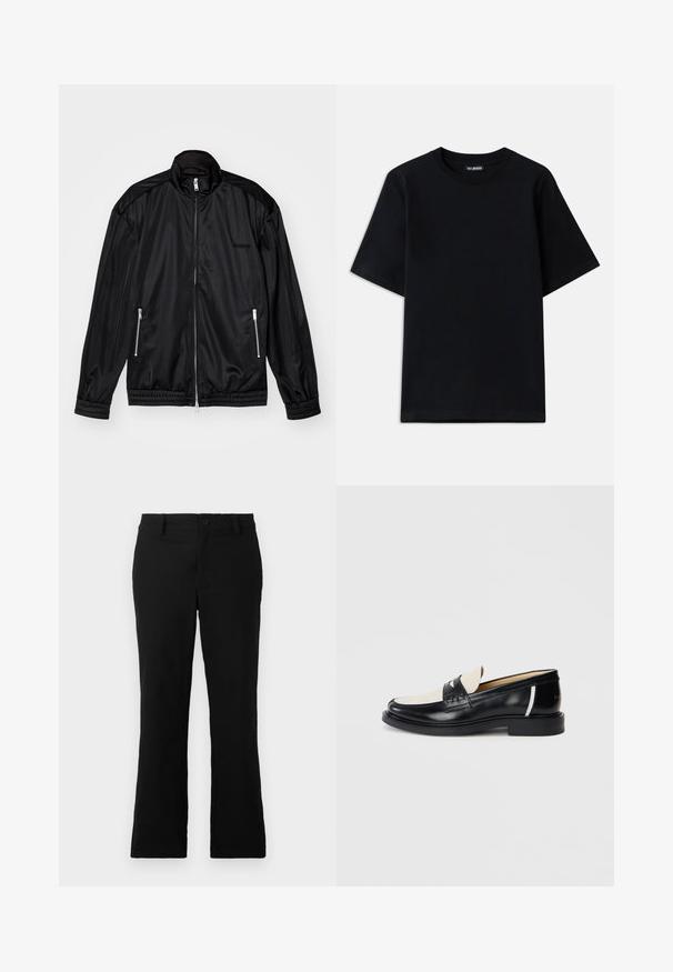 Black zip-front jacket in lightweight, glossy fabric. Features two zippered pockets, a stand-up collar, and elastic cuffs and hem.; Black cotton t-shirt with a crew neck and short sleeves. Features subtle logo embroidery on the left chest. Flat, smooth texture.; Black flared trousers made of cotton blend fabric, featuring a button closure, belt loops, and a smooth texture with no visible patterns.; Black and white leather loafer with a rounded toe, low heel, and strap detail across the top, shown from the side on a white background.