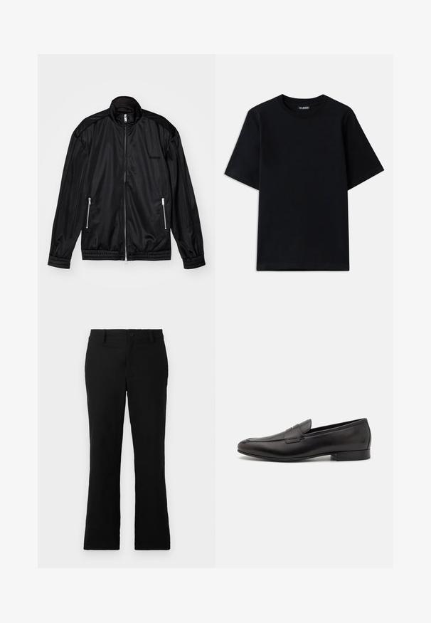 Schwarze Jacke mit Reißverschluss aus leichtem, glänzendem Stoff. Verfügt über zwei Reißverschlusstaschen, einen Stehkragen sowie elastische Bündchen und Saum.; Schwarzes Baumwoll-T-Shirt mit Rundhalsausschnitt und kurzen Ärmeln. Verfügt über eine dezente Logo-Stickerei auf der linken Brust. Flaue, glatte Textur.; Schwarze, weit geschnittene Hosen aus einem Baumwollgemisch, mit einem Knopfverschluss, Gürtelschlaufen und einer glatten Textur ohne sichtbare Muster.; Schwarze Leder-Loafers mit einem eleganten Design, runder Zehenform und niedrigem, gestapeltem Absatz. Mit einem dekorativen gestickten Detail auf dem Obermaterial.