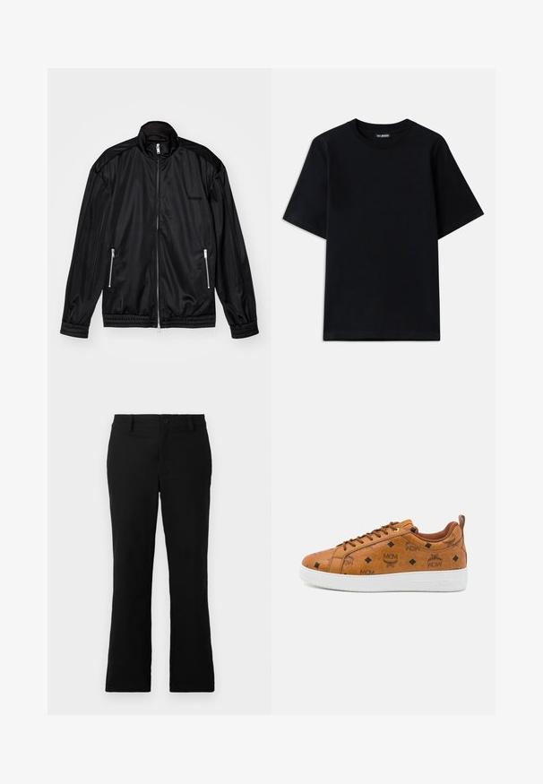Sort jakke med lynlås fortil i let, glansfuld stof. Har to lynlåslommer, en opretstående krave og elastiske manchetter og kant.; Sort bomulds T-shirt med rund hals og korte ærmer. Har subtil logo-broderi på venstre bryst. Flad, glat tekstur.; Sorte flagrende bukser lavet af en blanding af bomuldsstof, med knaplukning, bælteløkker og en glat tekstur uden synlige mønstre.; Brune lædersneakers med prægede MCM-logoer, diamantmønster, hvid gummisål og kontrasterende brune snørebånd.