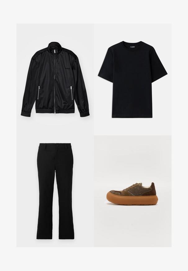 Fekete, cipzáros elülső dzseki könnyű, fényes anyagból. Két cipzáras zsebbe, álló gallérba, valamint elasztikus mandzsettákba és alsó szegélybe illeszkedik.; Fekete pamut póló klasszikus nyakkivágással és rövid ujjal. Diszkrét logó hímezve a bal mellen. Simább, sima felület.; Fekete, harang fazonú nadrág, pamut keverékből készült, gombos záródással, övhurkokkal és sima textúrával, látható minták nélkül.; Barna velúr és texturált anyagú sneaker vastag barna gumitalppal, egyszínű cérnákkal és kerek barna fűzőkkel.