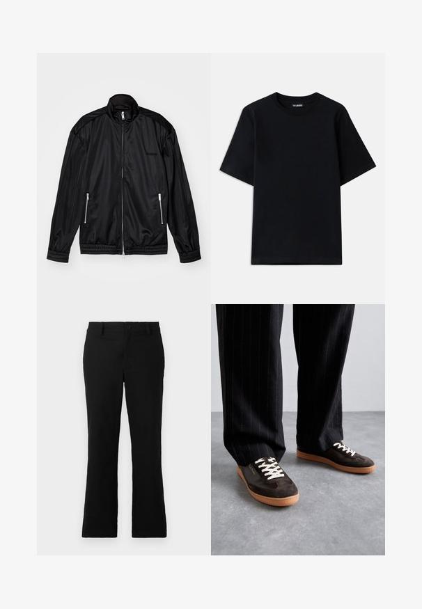 Veste noire à fermeture éclaire avant en tissu léger et brillant. Comprend deux poches zippées, un col montant et des poignets et un ourlet élastiques.; T-shirt en coton noir avec un col rond et des manches courtes. Présente une broderie de logo discrète sur la poitrine gauche. Texture lisse et plate.; Pantalons évasés noirs en tissu mélangé coton, dotés d'une fermeture à bouton, de passants de ceinture et d'une texture lisse sans motifs visibles.; Baskets en suède marron foncé avec des lacets crème, des accents blancs et une semelle en caoutchouc beige. Portées avec un pantalon noir à rayures.