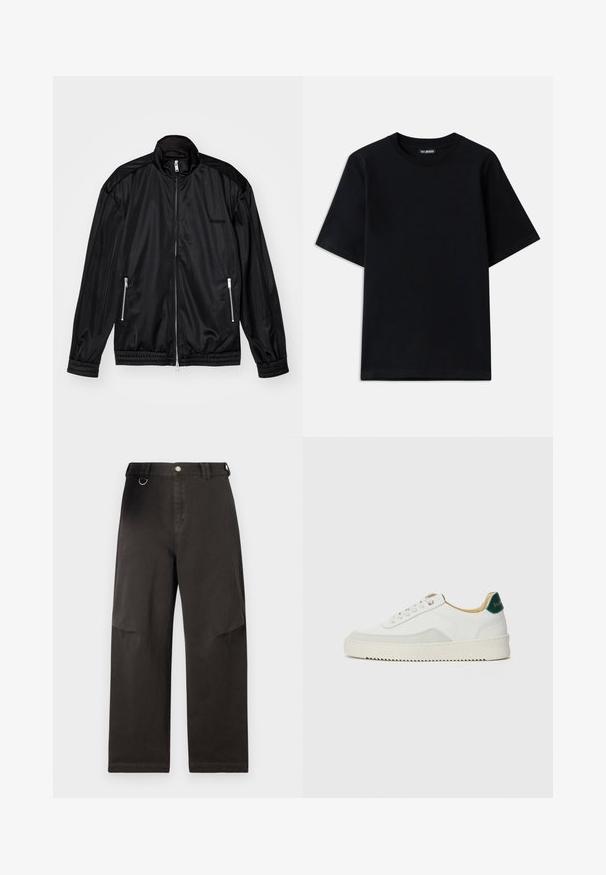 Must have mustakolline jope, mis on valmistatud kergetest ja läikivatest materjalidest. Praktilised kaks lukuga taskut, seisukohaga krae ning elastsed mansetid ja helk.; Must musta T-särk lühikeste varrukatega ja ümar kaelus. Vasakul rinnal on diskreetne logo tikand. Lame ja sile tekstuur.; Musta laiadegade pant, mis on valmistatud tugevast kangast, esiflukuga ja küljetaskutega. Vöökoht sisaldab metallist rõngakujulist detaili.; Valged tennisjalanõud, millel on sametised aktsendid, ümar varvas, lame nöörid ja kreemjas kummine põhja. Hästi nähtav roheline bränding kannal.