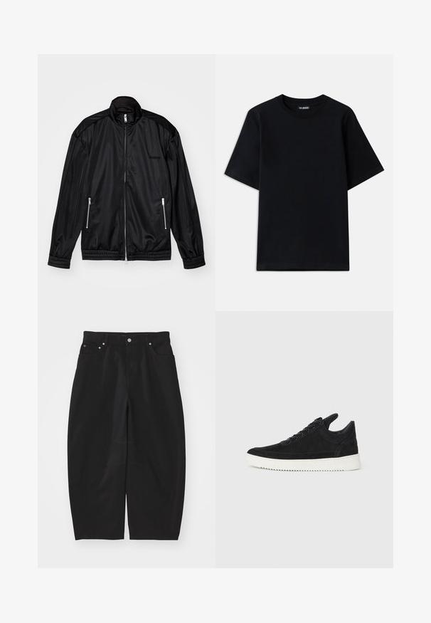 Černá bunda na zip vyrobená z lehkého, lesklého materiálu. Obsahuje dvě kapsy na zip, stojáčkový límec a elastické manžety a lem.; Černé bavlněné tričko s kulatým výstřihem a krátkými rukávy. Obsahuje jemnou výšivku loga na levé hrudi. Hladká, jemná textura.; Helmut Lang COCOON GALLERY - Džíny Relaxed Fit - black; Černé semišové tenisky s bílou gumovou podrážkou, s tónovým prošitím a šněrováním. Hladký povrch s moderním, aerodynamickým tvarem.