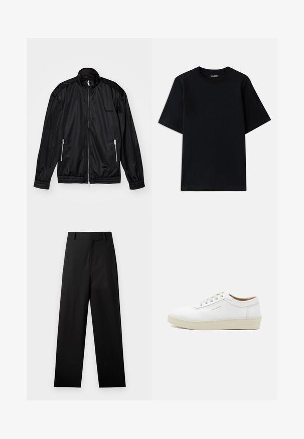 Černá bunda na zip vyrobená z lehkého, lesklého materiálu. Obsahuje dvě kapsy na zip, stojáčkový límec a elastické manžety a lem.; Černé bavlněné tričko s kulatým výstřihem a krátkými rukávy. Obsahuje jemnou výšivku loga na levé hrudi. Hladká, jemná textura.; Černé kalhoty vyrobené z bavlny se rovnými nohavicemi, s předním zapínáním na knoflík a bočními kapsami. Hladká textura, bez vzorů.; Bílé kožené tenisky s texturovaným povrchem, kulatou špičkou, béžovou gumovou podrážkou a šesti šedými očky na šněrování, s jemným brandingem na boku.