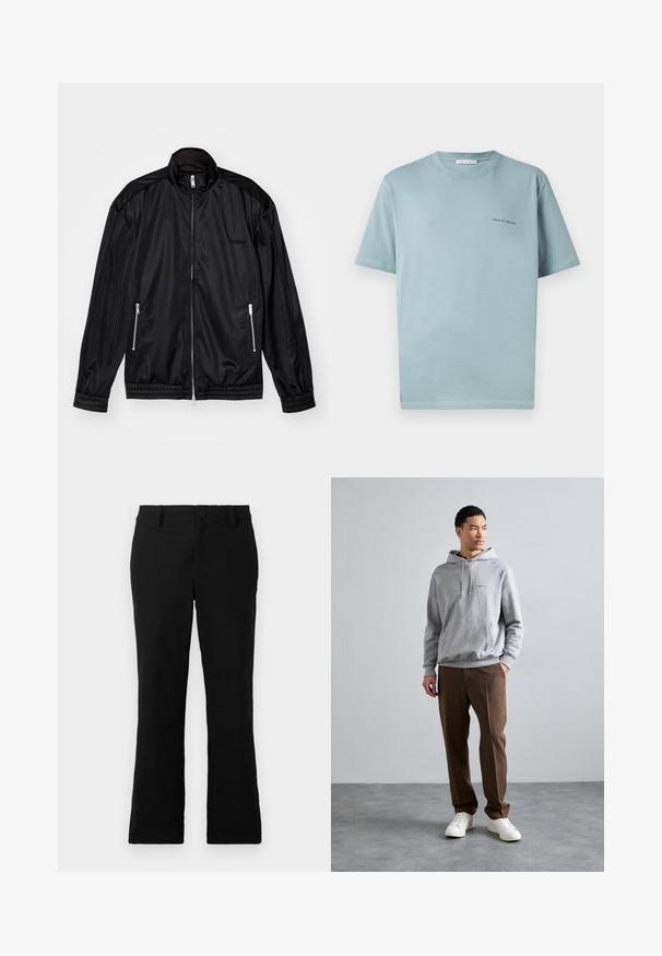 Musta vetoketjullinen takki kevyestä, kiiltävästä kankaasta. Varustettu kahdella vetoketjullisella taskulla, pystykauluksella sekä elastisilla hihansuilla ja helmalla.; Vaaleansininen puuvillapaita, jossa on pyöreä kaula-aukko, lyhyet hihat ja pieni "TIGER OF SWEDEN" -logo vasemmassa rinnassa. Sileä pinta.; Mustat levenevät housut, jotka on valmistettu puuvillasekoitekankaasta. Housuissa on nappikiinnitys, vyölenkit ja sileä rakenne ilman näkyviä kuvioita.; Huppari harmaana, jossa on etutasku, kiristettävä huppu ja sininen logo. Yhdistetty ruskeisiin housuihin ja valkoisiin lenkkeihin sileällä harmaalla pinnalla.