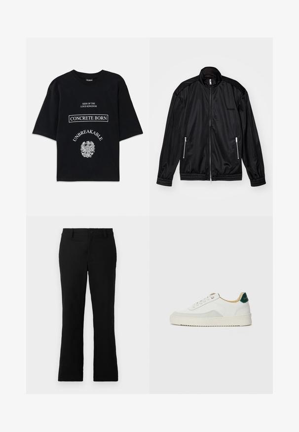 Casaco preto com fecho à frente em tecido leve e brilhante. Apresenta dois bolsos com fecho, gola alta e punhos e bainha elásticos.; Camiseta oversized preta com texto branco "Kids of the Loud Kingdom," "Concrete Born," "Unbreakable," e um gráfico detalhado de uma águia abaixo.; Calças flare pretas feitas de um tecido de algodão misto, com fecho de botão, passantes para cinto e uma textura suave sem padrões visíveis.; Tênis brancos com detalhes em camurça, bico arredondado, atacadores planos e sola de borracha creme. Apresenta uma marcação verde no calcanhar.