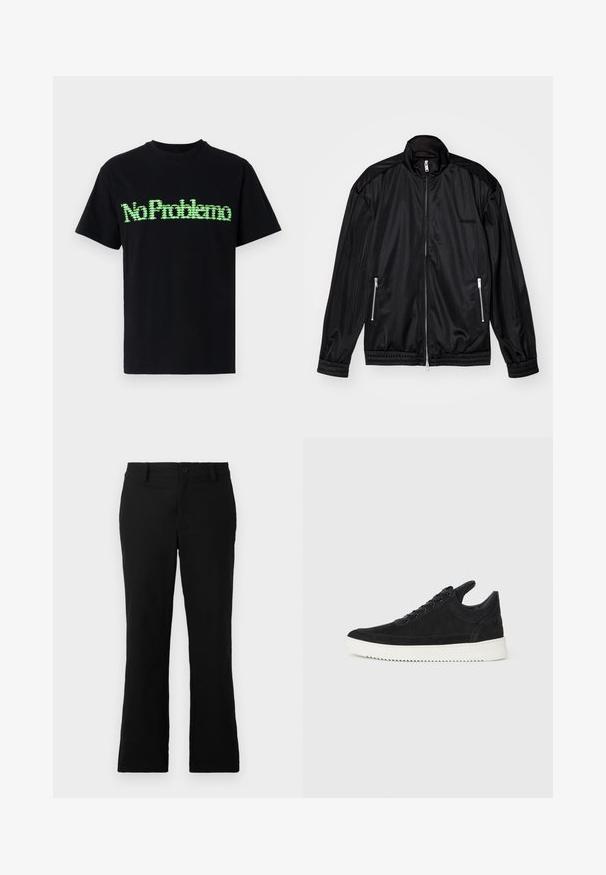 Must have mustakolline jope, mis on valmistatud kergetest ja läikivatest materjalidest. Praktilised kaks lukuga taskut, seisukohaga krae ning elastsed mansetid ja helk.; Mustalast puuvillast T-särk, mille esiküljel on roheline piksliline graafikatekst "No Problemo". Lühikesed varrukad ja ümmargune kaelus.; Mustad laiad püksid, mis on valmistatud puuvillase segukanga, millel on nööbikinnitus, vöökohad ja sile tekstuur, ilma nähtavate mustriteta.; Must mustel kingad valge kummist tallaga, millel on toon-toonis õmblused ja paeltega disain. Sile tekstuur ja moodne, voolujooneline kuju.