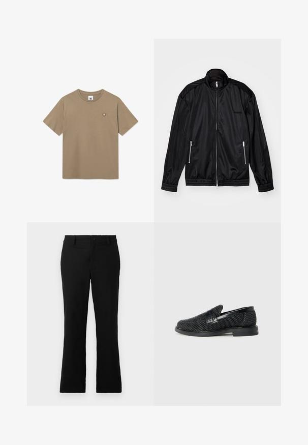 Czarna kurtka na zamek z lekkiego, błyszczącego materiału. Posiada dwie kieszenie na zamek, kołnierz typu stójka oraz elastyczne mankiety i dół.; Krótki T-shirt z rękawami typu crewneck w kolorze tan, wyposażony w małą okrągłą naszywkę z białym literą "W" na lewej piersi.; Czarne spodnie z szerokimi nogawkami wykonane z mieszanki bawełny, z zapięciem na guzik, szlufkami na pasek oraz gładką teksturą bez widocznych wzorów.; Czarny, pleciony but wsuwany z gładkim skórzanym akcentem na cholewce, o okrągłym nosku i niskoprofilowej gumowej podeszwie.