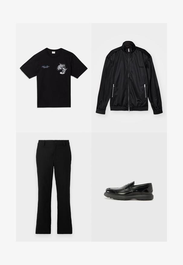 Casaco preto com fecho à frente em tecido leve e brilhante. Apresenta dois bolsos com fecho, gola alta e punhos e bainha elásticos.; T-shirt de algodão preto com mangas curtas. Apresenta uma imagem branca de uma flor e um toca-discos, e texto azul "Killing Bees" e "United By Rhythm".; Calças flare pretas feitas de um tecido de algodão misto, com fecho de botão, passantes para cinto e uma textura suave sem padrões visíveis.; Mocassim de couro preto com acabamento brilhante, bico arredondado, detalhes de costura subtil e sola de borracha espessa para durabilidade.