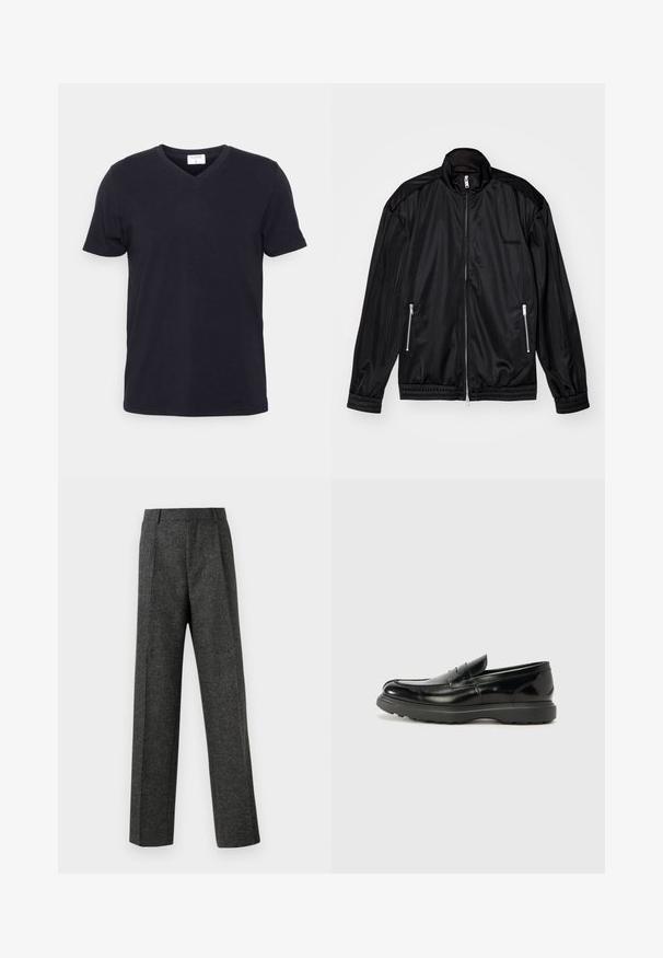 Černá bunda na zip vyrobená z lehkého, lesklého materiálu. Obsahuje dvě kapsy na zip, stojáčkový límec a elastické manžety a lem.; Černé tričko s výstřihem do V vyrobené z bavlny, s krátkými rukávy a volným střihem. Jednoduchý design, bez vzorů či dalších akcentů.; Šedé kalhoty na míru vyrobené z texturované tkaniny, s dvěma předními záhyby a rovnými nohavicemi. Bez viditelných kapes nebo ozdob.; Černé kožené mokasíny s lesklým povrchem, kulatou špičkou, nenápadnými švy a silnou gumovou podrážkou pro odolnost.