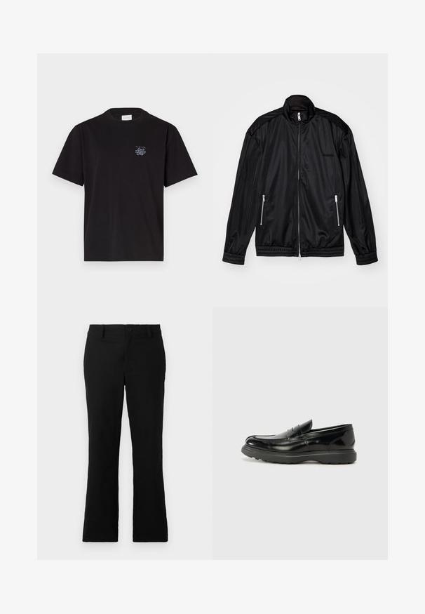 Casaco preto com fecho à frente em tecido leve e brilhante. Apresenta dois bolsos com fecho, gola alta e punhos e bainha elásticos.; T-shirt de algodão preto com gola redonda e mangas curtas. Apresenta um pequeno logotipo azul no lado esquerdo do peito. Design simples e reto.; Calças flare pretas feitas de um tecido de algodão misto, com fecho de botão, passantes para cinto e uma textura suave sem padrões visíveis.; Mocassim de couro preto com acabamento brilhante, bico arredondado, detalhes de costura subtil e sola de borracha espessa para durabilidade.
