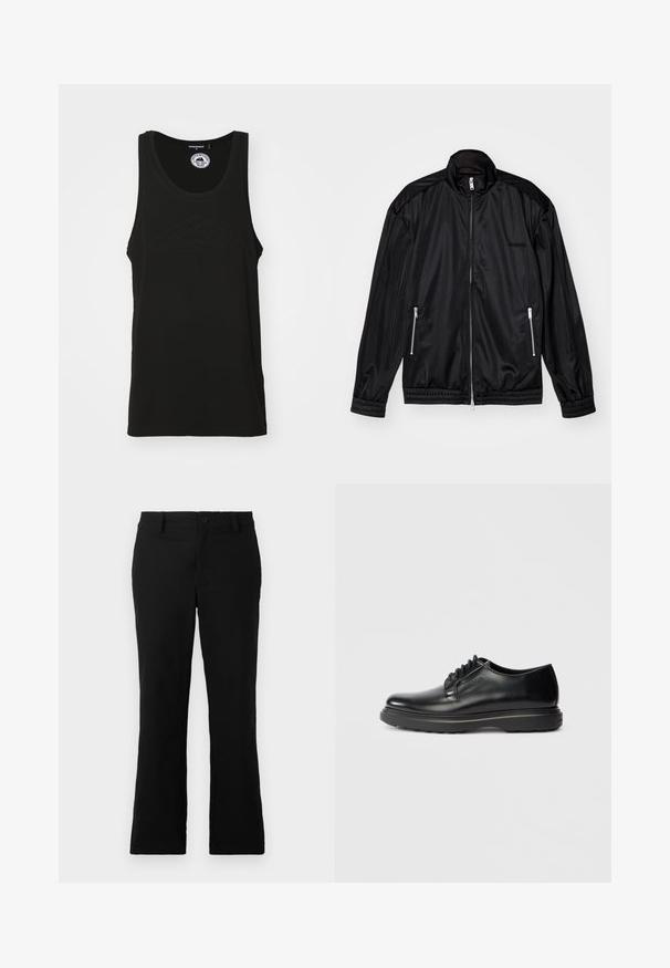 Giacca nera con zip frontale in un tessuto leggero e lucido. Presenta due tasche con zip, un colletto alto e polsini ed orlo elasticizzati.; Canotta nera senza maniche in cotone con scollatura tonda e dettaglio del logo in rilievo sul fronte. Design pulito e minimalista.; Pantaloni neri a campana realizzati in tessuto misto cotone, caratterizzati da chiusura con bottone, passanti per cintura e una superficie liscia senza motivi visibili.; Scarpa Oxford in pelle nera con lacci e suola spessa, con "WATERMAN" impresso sul lato, mostrata di profilo su uno sfondo grigio chiaro.