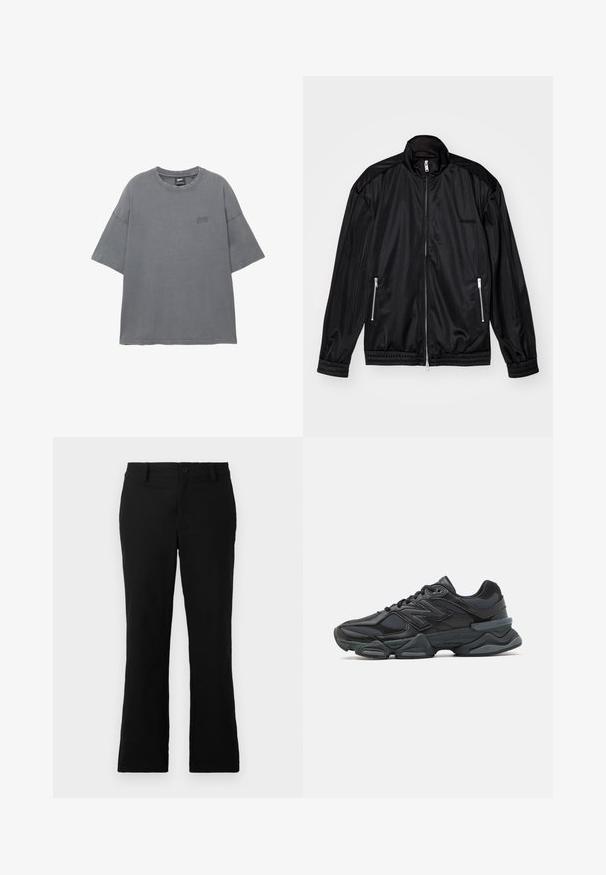 Fekete, cipzáros elülső dzseki könnyű, fényes anyagból. Két cipzáras zsebbe, álló gallérba, valamint elasztikus mandzsettákba és alsó szegélybe illeszkedik.; Szürke, rövid ujjú póló, kerek nyakkivágással, pamutból készült, finom logó hímezve a mellkason. Puha tapintású.; Fekete, harang fazonú nadrág, pamut keverékből készült, gombos záródással, övhurkokkal és sima textúrával, látható minták nélkül.; Fekete futócipő, mely háló és szintetikus anyagok keverékéből készült, vastag talppal, ívelt kialakítással és hangsúlyos logóval az oldalon.
