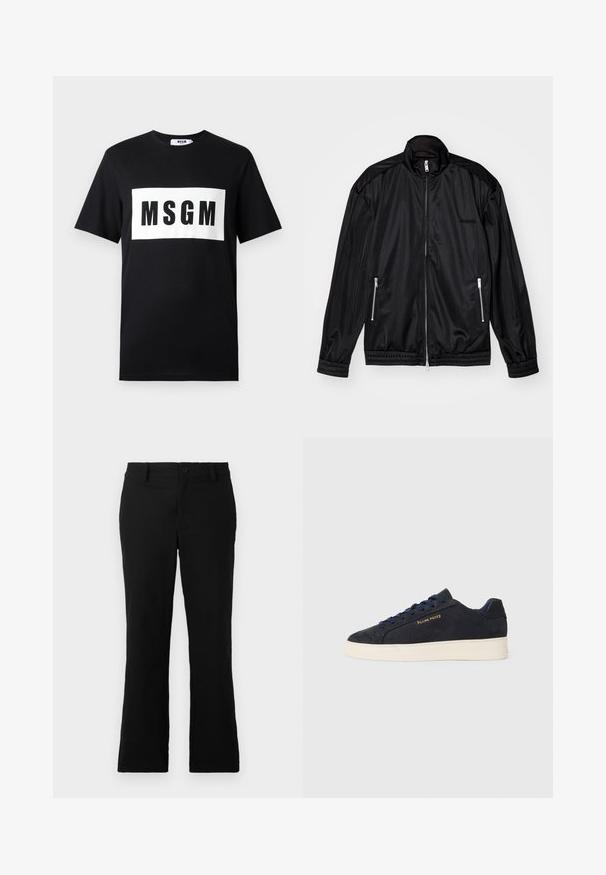 Chaqueta negra con cierre frontal en tejido ligero y brillante. Cuenta con dos bolsillos con cremallera, un cuello alto y puños y dobladillo elásticos.; Camiseta de algodón negra con mangas cortas, que presenta un logo rectangular blanco con "MSGM" en letras negras en negrita en la parte delantera.; Pantalones de campana negros hechos de una mezcla de algodón, con cierre de botón, trabillas para el cinturón y una textura suave sin patrones visibles.; Zapatilla baja de ante azul marino con suela blanca, cordones azul marino y logo de "Filling Pieces" en dorado en el lateral.