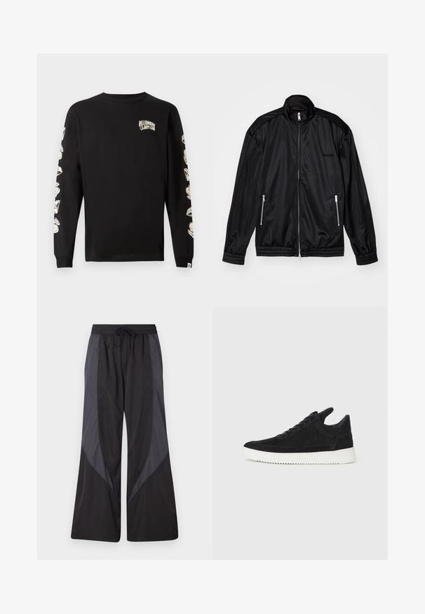 Black zip-front jacket in lightweight, glossy fabric. Features two zippered pockets, a stand-up collar, and elastic cuffs and hem.; Black long-sleeve t-shirt made of cotton. Features white graphic prints on the chest and down both sleeves. Crew neck with ribbed cuffs.; Han Kjøbenhavn PANELLED TRACK TROUSERS - Tracksuit bottoms - anthracite black; Black suede sneaker with a white rubber sole, featuring tonal stitching and lace-up design. Smooth texture with a modern, streamlined shape.