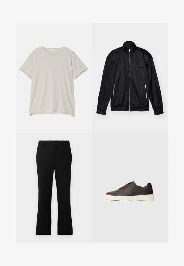 Musta vetoketjullinen takki kevyestä, kiiltävästä kankaasta. Varustettu kahdella vetoketjullisella taskulla, pystykauluksella sekä elastisilla hihansuilla ja helmalla.; Vaaleanbeige t-paita, joka on valmistettu pehmeästä puuvillasta ja siinä on pyöreä pääntie sekä lyhyet hihat. Sujuva pinta ja rento istuvuus.; Mustat levenevät housut, jotka on valmistettu puuvillasekoitekankaasta. Housuissa on nappikiinnitys, vyölenkit ja sileä rakenne ilman näkyviä kuvioita.; Tummanruskeat nahkakengät, joissa on teksturoitu pinta, pyöreä kärki ja kontrastivärinen kermanvärinen kumipohja. Varustettu nauhoilla ja hienovaraisilla ompelutyynyillä.