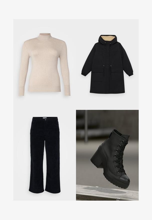 Palton negru cu capușon, căptușit cu un bej cald, dotat cu două buzunare mari în față, talie ajustabilă cu șnur și mansete elastice.; Pulover bej cu guler înalt, fabricat dintr-un material moale, având mâneci lungi și manșete cu rivete. Textură netedă, fără modele sau embellishmente.; Pantaloni din corduroy negri, cu un design drept, buzunare frontale, închidere cu nasture și fermoar, și o finisare moale, texturată.; Bocanci negri cu platformă și bot înalt, cu un finisaj din piele texturată, șireturi în față și toc robust. Prezintă o talpă din cauciuc cu modele distincte de profil.