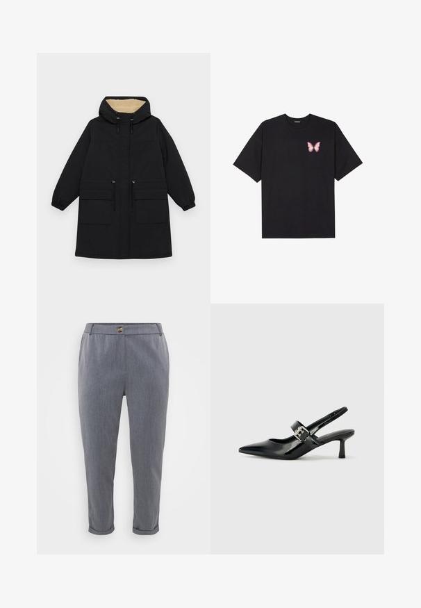 Abrigo negro con capucha y un cálido forro color beige, cuenta con dos grandes bolsillos frontales, cintura ajustable con cordón y puños elásticos.; Camiseta de algodón negra de manga corta, con un pequeño gráfico de mariposa rosa en el lado izquierdo del pecho. Diseño de cuello redondo con un corte relajado.; Pantalones grises a medida con una textura suave y tejida, dobladillos con puños, bolsillos frontales y un cierre de botón en la cintura.; Zapatos de tacón en charol negro con tira al tobillo, punta afilada y un pequeño tacón bloque, que cuentan con un acento de hebilla plateada en la correa.