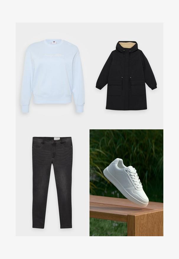 Melnā kapucīna mētelis ar siltu bēšas odere, ar divām lielām priekšējām kabatām, regulējamu jostasvietu un elastīgām aprocēm.; Gaiši zils džemperis ar apaļu kaklu, izgatavots no mīkstas auduma. Ar izšūtu "Tommy Hilfiger" logo baltā krāsā, ribotām piedurknēm un apakšmalu.; Melni džinsi ar šauru piegriezumu, ar pogu aizdare, jostas cilpiņām un priekšējiem kabatām. Gluda tekstūra ar maigu izbalēšanu.; Baltie sporta apavi ar gludu sintētisku augšpusi, perforētu pirkstu daļu, plakani šņorēm un rakstainu zoli, novietoti uz koka virsmas.