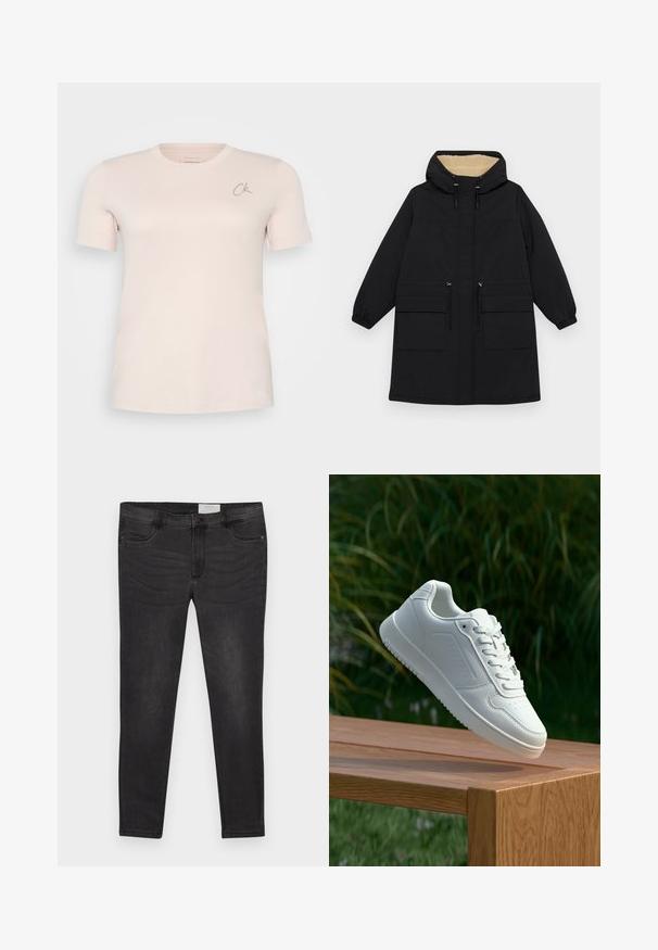 Black hooded coat with a warm beige lining, features two large front pockets, drawstring waist, and elasticized cuffs.; Calvin Klein Jeans Plus EMBROIDERED REGULAR TEE - Basic T-shirt - peach whip; Black denim jeans with a slim fit, featuring a button closure, belt loops, and front pockets. Smooth texture with subtle fading.; White sneaker with a smooth synthetic upper, perforated toe box, flat laces, and a textured sole, displayed on a wooden surface.