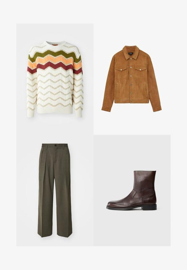 Brūns zamša jaka ar norādītu apkakli, nostiprināšanas pogām, divām krūšu kabatām un sānu kabatām, ar gludu tekstūru un pielāgotu piegriezumu.; Adīts džemperis krējuma krāsā ar zigzag svītrām zaļā, oranžā, sarkanā un zelta akcentos. Arapa manžetes un ribotas apakšmalas.; Filippa K WIDE TROUSERS - Auduma bikses - driftwood; Brūni ādas potītes zābaki ar gludu tekstūru, noapaļotu pirkstu daļu, minimālu šuvju skaitu un plakanu melnu gumijas zoli.