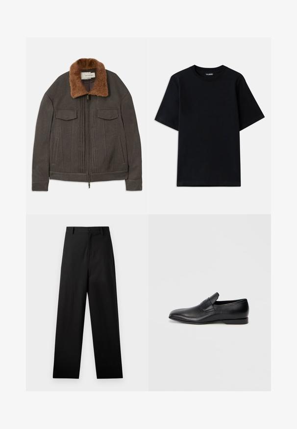 Brūna vilnas maisījuma jaka ar mākslīgās kažokādas apkakli, ar divām krūšu kabatām, vertikālām krokām un priekšējo rāvējslēdzēja aizdari.; Melnas kokvilnas T-krekls ar apaļu kaklu un īsām piedurknēm. Iezīmējas ar diskrētu logo izšuvumu kreisajā krūtīs. Gluda, plakanā tekstūra.; Melnas kokvilnas bikses ar taisnās kājas dizainu, kurām ir priekšējā pogu aizdare un sānu kabatas. Gluda tekstūra, bez rakstiem.; Melna ādas slēgta kurpe ar smailu purngalu, gludu virsmu un diskrētu zīmolu uz sāniem. Zems papēdis ar tīru, minimālistisku dizainu.