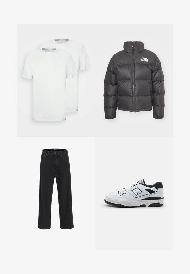 Mustan vuorillinen takki, jossa on korkea kaulus, vetoketjukiinnitys ja logo. Takissa on tikatut osiot ja joustavat hihansuut lisälämmön vuoksi.; Mustaparta, joka on valmistettu pehmeästä kankaasta, jossa on etutasku, narut ja valkoinen logopainatus rinnassa. Klassinen malli ja ribbikupperit.; Kaksi valkoista puuvillapaitaa, joissa on lyhyet hihat ja pyöreä kaula-aukko. Niissä on sileä pinta eikä näkyviä kuvioita tai malleja.; Mustat suorat farkut nappi- ja vetoketjukiinnityksellä, vyölenkeillä, sekä etu- ja takataskuilla.; Valkoiset matalat tossut, joissa on mustia yksityiskohtia, nahka- ja verkkomateriaali, rei'itetty yksityiskohtia, pehmustettu kaulus ja paksu kumipohja. Malli 550.